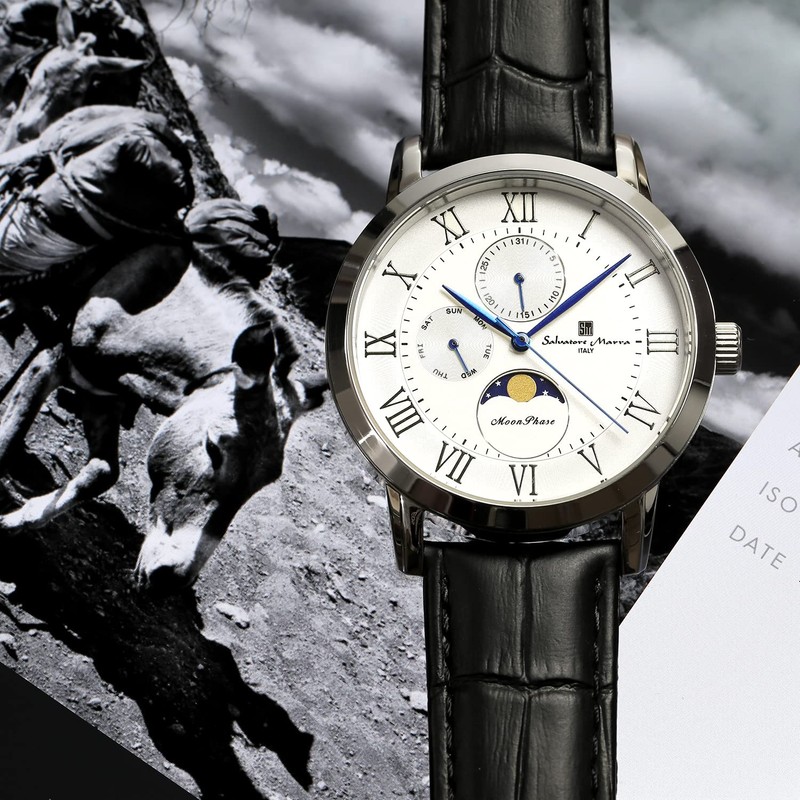 Salvatore Mara SM21106-SSWH Men's Wristwatch, Moon Phase, Multi Calendar, Waterproof,