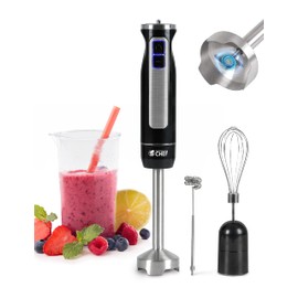 Commercial Chef Multi-Purpose Immersion Hand Blender with Detachable Stainless Steel Blending Stick, Includes 600 ml Beaker, Milk Frother & Whisk Attachments, 500 Watts, CHIB50B, Black