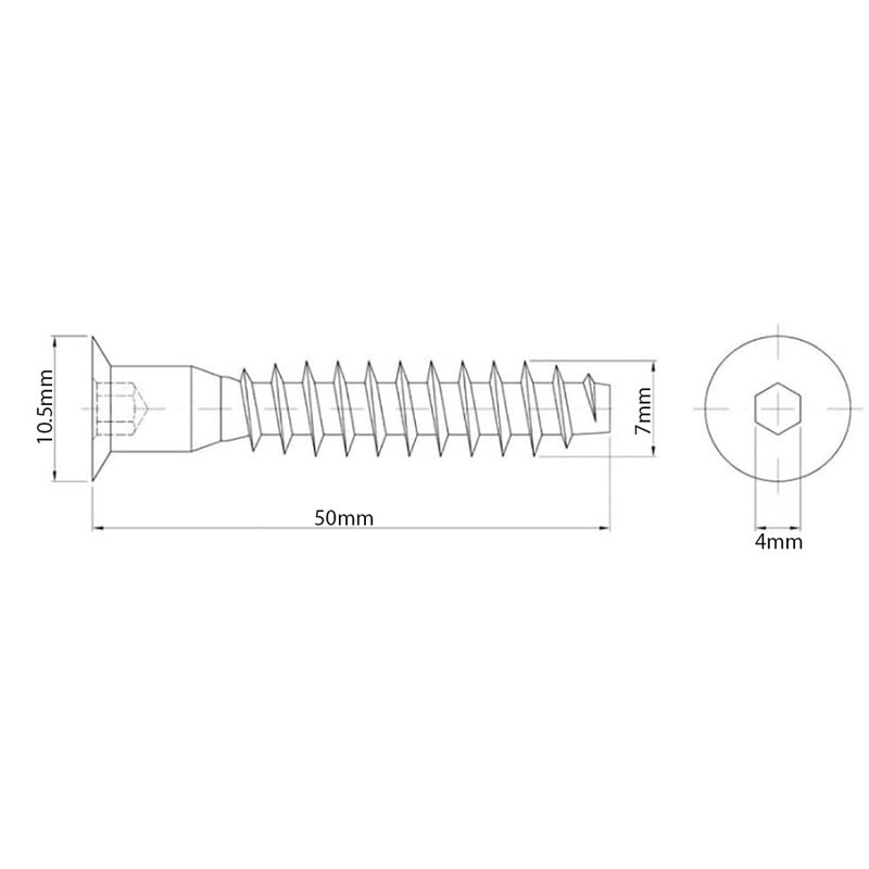 7mm x 50mm Silver Hex Socket Flat Head Confirmat Screws