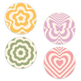 Drinks Coasters Set of 4, Groovy Wave Pattern Round 4" Cup Coasters, Absorbent Ceramic Stone Coasters with Cork Base, Cute Coasters for Table Home Décor, Ideal Gifts for Women Men