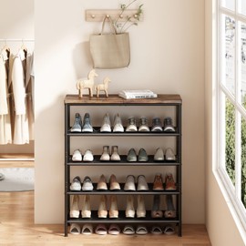 INGIORDAR Shoe Rack Organizer 5 Tier Metal Organizer Shelf with Industrial MDF Board and Layer Fabric for Entryway Closet Bedroom Living Room Garage,Black & Rustic Brown (Black+Rustic Brown, 5 Tier)