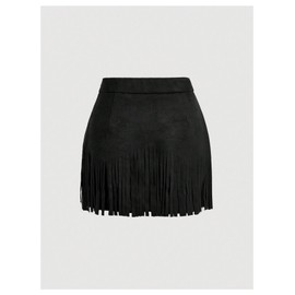 GORGLITTER Women's Vintage Hippie Rivet Fringe Skirt Faux Suede High Waisted A Line Party Skirts Black Small