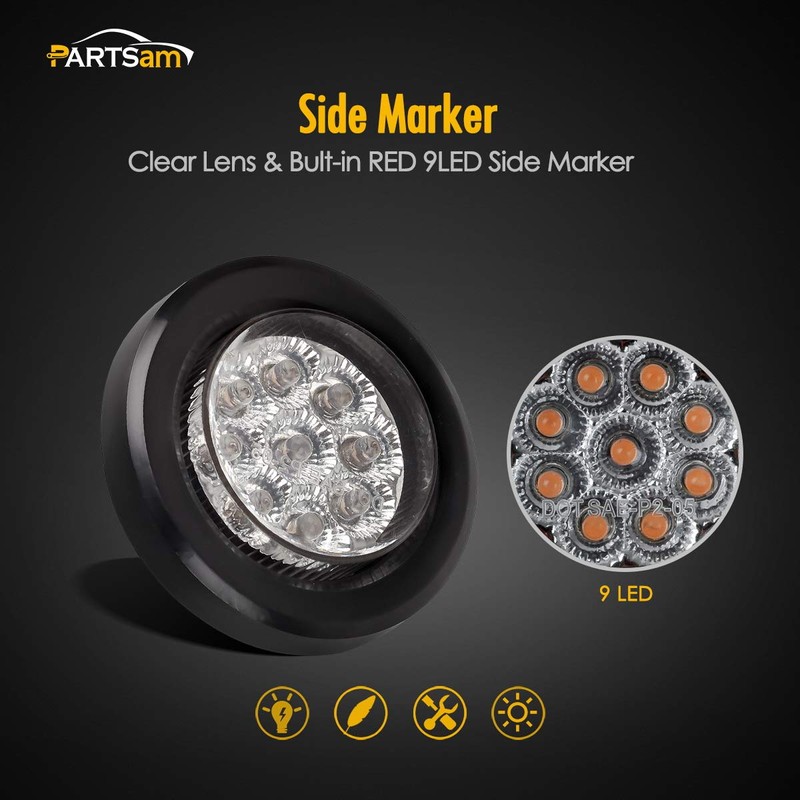 Partsam Pair 2" Clear/Red Flush Mount Mini-Reflex Side Marker LED