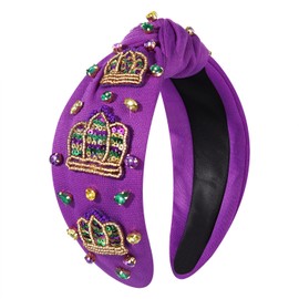 boderier Mardi Gras Headband Beaded Sequins Crown Jeweled Crystal Embellished Knotted Headband Carnival Festive Holiday Hair Accessories (Beaded Sequins Crown-Purple)
