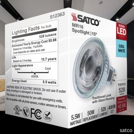 Satco LED MR16 Spotlight 5.5W 50W Equivalent 4000K Cool White 90+ CRI 15° Beam GU5.3 Bi-Pin Base 12V Dimmable Clear Finish – Part S12363 (6 Pack)