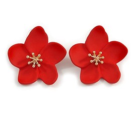 30mm D/Red Matte Daisy Stud Earrings In Gold Tone