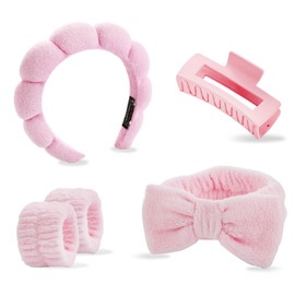 Tiny Chou 5pcs Spa Headband and Wrist Bands Set for Washing Face, Terry Cloth Puffy Makeup Facial Skincare Headbands for Women, Soft Hair Face Wash Accessories, Pink