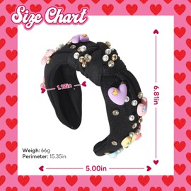 BYETOCE Valentine’s Day Pearl Headband for Women Crystal Jeweled Knotted Headband Love Heart Black Wide Top Knot Hair Accessories Fashion Headband for Women