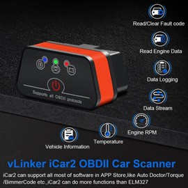 vLinker iCar2 BLE 4.0 OBD2 Bluetooth Adapter Auto Scanner Car Diagnostic Tools Engine System Diagnostic Tools for Android/IOS (Black/Orange)