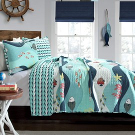 Lush Decor Sealife Fish Ocean Wave Reversible 3 Piece Quilt Bedding Set, Full/Queen, Blue