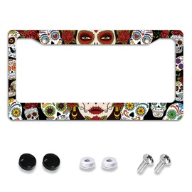 Smoaffly License Plate Frame,Sugar Skulls Flowers Girl Tag Decorative Aluminum Metal Cover for Women,U S Canada Standard,Auto Vehicle Accessories 2 Holes with Screw Caps—12x6 Inch