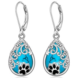 Paw Print Earrings for Women Turquoise Dog Paw Earrings Sterling Silver Dangle Leverback Jewelry Gifts