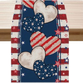 4th of July Patriotic Flowers Star Table Runner 13x72 Inch Kitchen Memorial Day Welcome Yard Outdoor Home Decoration