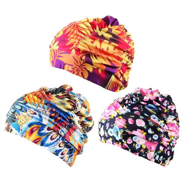 JTMKYO 3 Pieces Of Colorful Printed Swimming Caps, Women'S Elastic