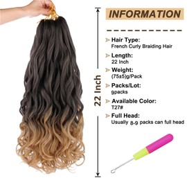 9 Packs French Curls Braiding Hair Pre Stretched Bouncy Loose Wavy Braiding Hair 22 Inch Black Spanish Curly Braiding Hair Synthetic Crochet Braids Hair For Box Braids Hair Extension For Women（22 Inch,T27#）