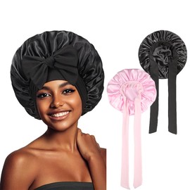 Pack of 2 Silk Cap, Adjustable Hair Cap, Silk, Satin Hair Cap for Women, Sleep Cap, Hair Protection, Satin Bonnet Night Sleep Cap, Sleep Cap with Drawstring, Satin to Protect Your Hair, Black, Pink