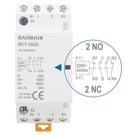 Baomain 220V AC 4-Pole Modular Contactor, 25A 2NO2NC Normally Open + Normally Closed, DIN Rail Mount for HVAC, Motor, Pump & Lighting Control BCT-25/22-220VAC