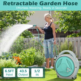 Hose Reel - Garden Hose 1/2 In. X 50 Ft with 6 Adjustable Patterns Hose Nozzle, For Watering Plants, Lawn& Garden, Washing Cars, Cleaning, Showering Pets & Outdoor Fun
