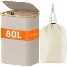 Lifewit 80L Laundry Basket with Lid, Clothes Hampers for Laundry with Bamboo Handles and A Removable Laundry Bag, Large Foldable Laundry Hamper for Bedroom, Bathroom, Dorm, Laundry Room, Beige
