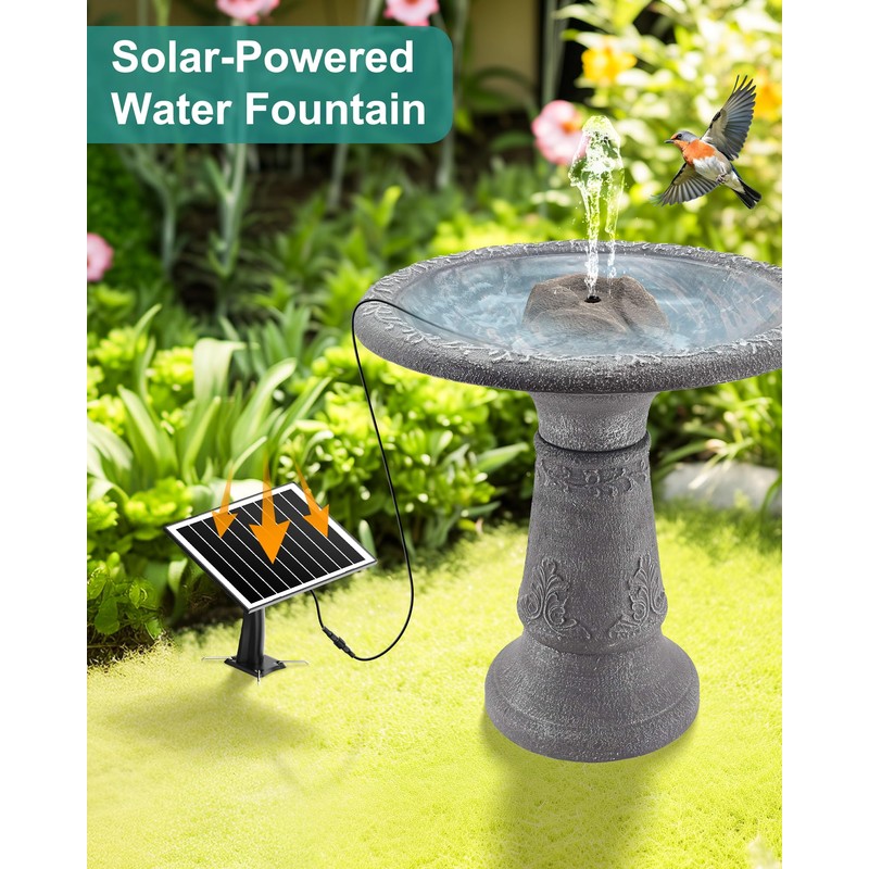 Rock Solar Fountain for Bird Bath, Dry-Run Protect,10 Nozzles(Grey)