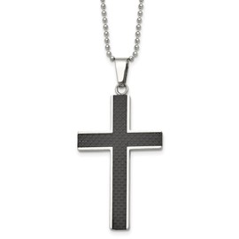 Modern Faith Cross Necklace for Men with Black Carbon Fiber Inlay and Polished Silver Tone Border on Beaded Chain – Sleek Minimalist Pendant with Bold Contemporary Design and Textured Details
