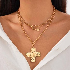 Chunky Gold Cross Choker Necklaces Set for Women Hammered Bold Cross OT Buckle Necklaces Statement Heart Pendant Necklaces Faith Jewelry Accessories (Gold)
