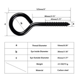 Farady 5 Inch Eye Hooks Heavy Duty Black Eye Bolt Screw in Hook 4Pcs Large Screw Eye Hooks Self Tapping Eyelet Screws for Wood Securing Cables Wire,Hammock Swing,Indoor & Outdoor Uses
