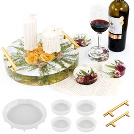 XXKJSZJQ Tray Molds for Epoxy Resin kit 13.5'' Deep Large Round Silicone Molds with 4pcs Coasters Resin Molds, Table Clock Mold DIY Flowers Preservation Resin Art Home Decoration