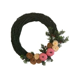 Fall Party Moss Grapevine Wreath 16 inch with Boxwood Sprigs Felt Flowers Pink Pumpkins - Thanksgiving Acorn Wreath