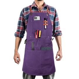 ROLOSI Work Aprons for Men Women with 9 Pockets Chef Apron 14oz Cotton Canvas Cross Back Aprons Heavy Duty Apron Purple Tool Apron for Woodworkers Kitchen Cooking Apron Waterproof Apron Size M to XXL