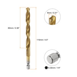 HARFINGTON 1/4" Hex Shank Twist Drill Bits 8mm Titanium Coated High Speed Steel Quick Change Hex Drilling Bit Jobber Drill Bits for Wood Plastic Metal, Gold