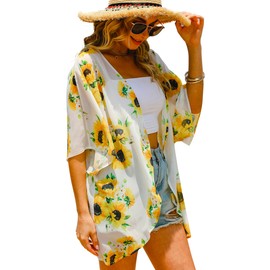 Hibluco Womens Floral Kimono Cardigan Casual Chiffon Tops Loose Beach Cover Ups