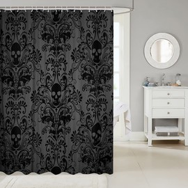 Black Damask Fabric Shower Curtain Antique Victorian Baroque Gothic Shower Curtain Sets Vintage Floral Exotic Sugar Skull Bathroom Accessories 72" Wx72 L,Skeleton Bohemian Decor,Charcoal Grey