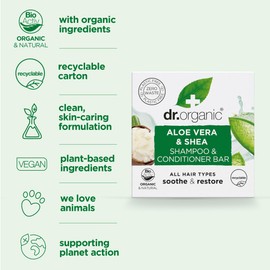 Dr Organic Aloe Vera & Shea Shampoo & Conditioner Bar, Soothing, For All Hair Types, Plastic, Natural, Vegan, Cruelty Free, Paraben & SLS Free, Organic, 75 g