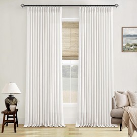 Thick Linen Semi Sheer Curtains 90 Inches Long for Living Room Bedroom Light Filtering Beige Off White Textured Burlap Pinch Pleated Curtains 90 Length Hooks Rings Back Tab for Sliding Door 2 Panels