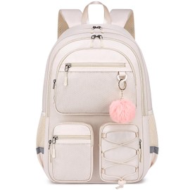Liokesa School Backpack for Teen Girls, Cute College Back Pack for Women, Kids Backpack for Girls, Middle Students School BookBag, 15.6 Inch Laptop Bag Travel Back Pack, Beige