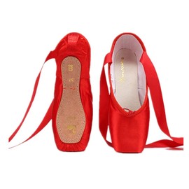 Nexete Ballet Dance Pointe Shoes, Dance Slippers Ballet Dance Flats with Toe Pads & Ribbons, for Girls Women Black Pink Red (12 Little Kid, Red)