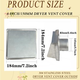 PUXILEM 6" Dryer Vent Cover Outside 304 Stainless Steel Dryer Vent Cover with Metal Louvre and Screen,Rubber Gasket Dryer Vent Cover for Exterior Wall