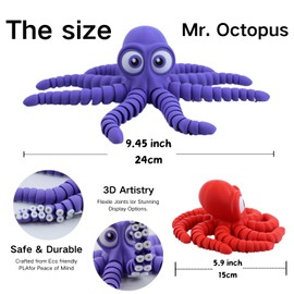 3D Printed Cute Octopus, 3D Printed Animal, Flexible Joint 3D Octopus, Home Office Classroom Decoration, Executive Desk Decoration (Orange)