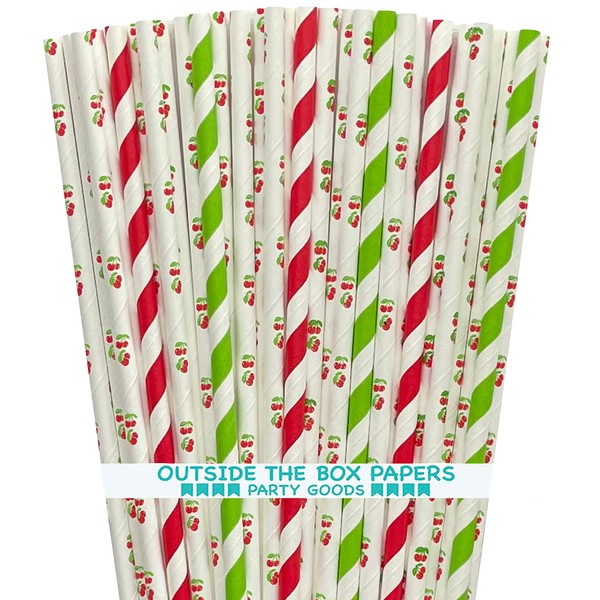 Cherry Pattern Paper Straws - Red White Green - Stripe Paper Straws - 100 Pack Outside the Box Papers