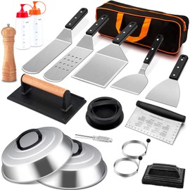18Pcs Griddle Accessories Set, Joyfair Stainless Steel Flat Top Grill Spatula Kit for Outdoor Barbecue Teppanyaki Camping Cooking, Included Melting Dome, Burger Turner, Carrying Bag and More Tools