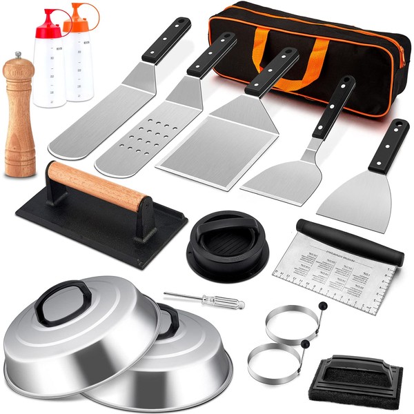 18Pcs Griddle Accessories Set, Joyfair Stainless Steel Flat Top Grill Spatula Kit for Outdoor Barbecue Teppanyaki Camping Cooking, Included Melting Dome, Burger Turner, Carrying Bag and More Tools