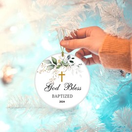 Baptism Gift for Baby Girl Boy Christening Gifts Christian Confirmation Gift Round Ornament Keepsake Gift for Goddaughter for Godchild Baptism Gifts 2024 (Gold God Bless)
