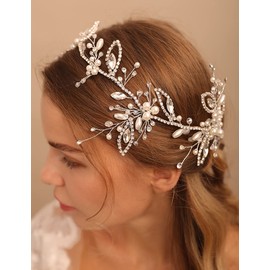 Deniferymakeup Rhinestone Pearls Wedding Hair Accessory Crystal Headband for Bride Crystal Leaves Hairstyles for Wedding