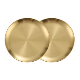 Alunsito 2 Pack 8 Inch Stainless Steel Plate, Metal Dinner Plates, Kitchenware Appetizer Dishes Round Serving Tray Camping Plates for BBQ, Snack, Food Serving, Dishwasher Safe, Gold