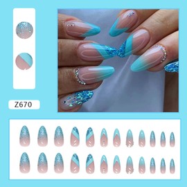 French Tip Press on Nails Medium Almond Blue Fake Nails With Rhinestones Glitter Designs False Nails Full Cover Glue on Nails Nude Acrylic Artificial Nails for Women Stick on Nails Supplies 24Pcs