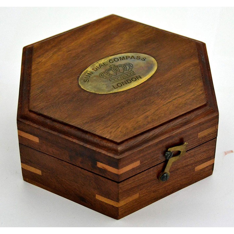 Nautical Antique Gilbert Brass Decorative Sundial Compass with Rose Wood