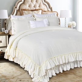 Masaca Ivory Ruffled Comforters Queen Size,Farmhouse Shabby Boho Chic Comforter Set,French Country Microfiber Inner Fill Ivory Bedding 3PCS(1 Ruffle Comforter and 2 Pillowcases)