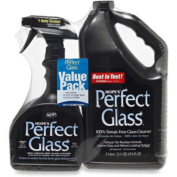 Hope's Perfect Glass Cleaner, 2 Piece, 32 Ounce Spray Bottle and 67.6 Ounce Refill Bottle