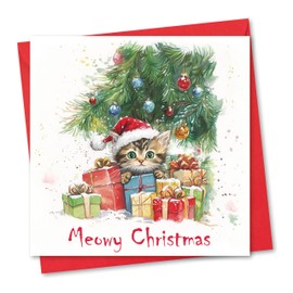 Christmas Card. Kitten under Tree Design. Eco-friendly & UK Made. Blank Inside. 148x148mm card size.